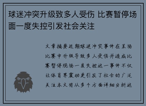 球迷冲突升级致多人受伤 比赛暂停场面一度失控引发社会关注